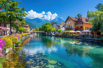 Naklejka premium Charming European Town by the River