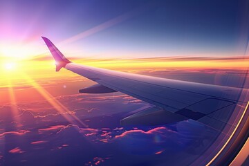 Airplane Wing View with Sunset