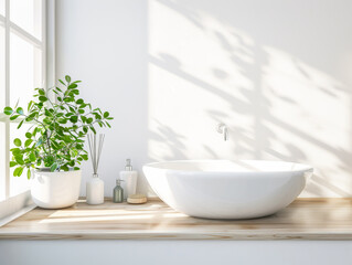 Fototapeta premium A white bathroom sink with a plant in a pot next to it. The sink is surrounded by a few other items, including a bottle and a bowl. The bathroom has a clean and minimalist design