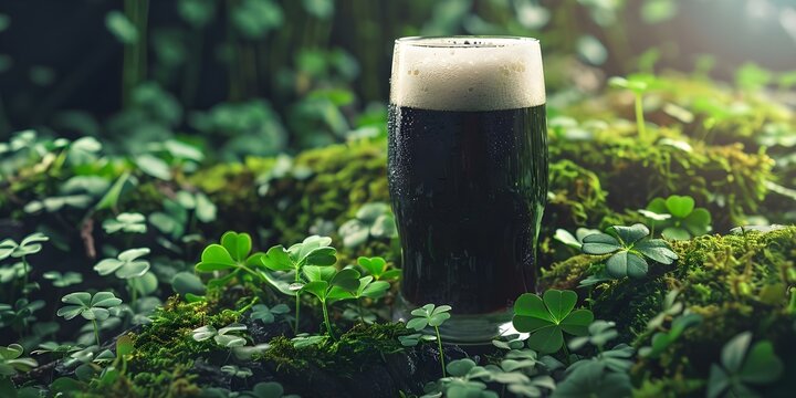 St Patrick's Day Festivities Irish Stout, Moss Clover, and Revelers. Concept St Patrick's Day Celebrations, Irish Stout, Green Moss, Revelers, Festive Atmosphere