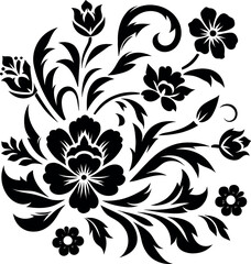 decorative Floral design Silhouette Motif Pattern, Flower design elements silhouette pattern black and white, decorative Botanical Flourish Silhouette pattern illustration