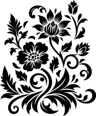 decorative Floral design Silhouette Motif Pattern, Flower design elements silhouette pattern black and white, decorative Botanical Flourish Silhouette pattern illustration