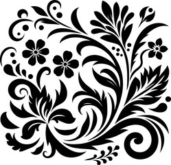 decorative Floral design Silhouette Motif Pattern, Flower design elements silhouette pattern black and white, decorative Botanical Flourish Silhouette pattern illustration