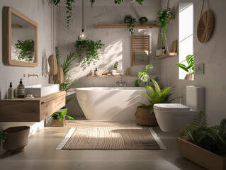 Fototapeta premium A bathroom with a white bathtub and a sink. The bathroom is decorated with plants and has a natural, earthy feel