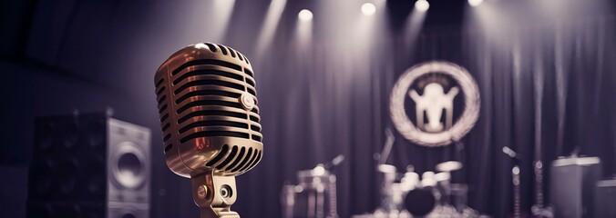 Retro microphone in a dramatic, moody stage lighting setup