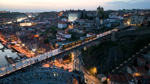 Aerial View Shot of Porto, Dom Luis I Bridge, Douro River, Old Town, Portugal