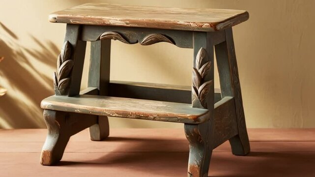 a wooden step stool with a rustic design and a distressed finish. 