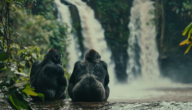 Two gorillas sit on a rock in front of a waterfall in the jungle