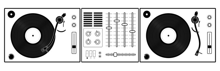 Disc jockey illustration on transparent background. Two turntables with records and mixing board. Use as design element for notices, announcements, posters, flyers, handbills, stationery, websites & 