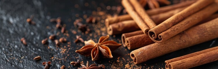 Close-Up of Cinnamon Sticks and Star Anise on Black Surface