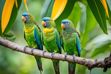 Obraz premium Three Green-Winged Macaws Perched on a Branch in a Tropical Forest