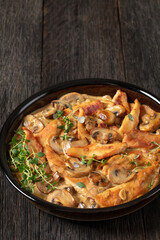 chicken stroganoff in a baking dish, top view