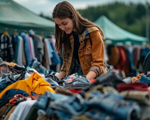 Woman choosing vintage clothes at outdoor flea market stall, browsing through a pile of garments