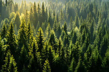 Fototapeta premium landscape of green forest on the mountain. view from the top. Trees growing in nature. coniferous forest in the sun