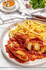 pork sausages in a curry sauce with french fries