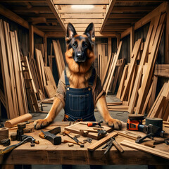 German Shepherd Wearing Overalls Works in Woodshop