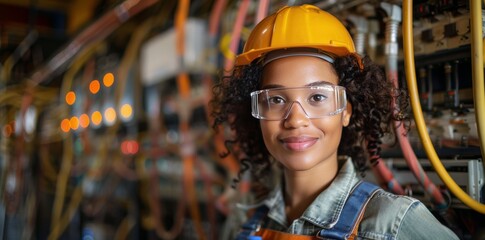 Fototapeta premium Female Industrial Worker Wearing Safety Glasses and Hard Hat in Factory Setting