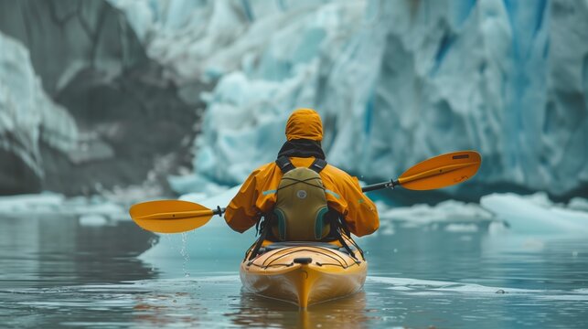 A man paddles a kayak through calm waters, surrounded by towering glaciers and icebergs in Alaska