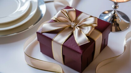 Beautifully wrapped gift box with a golden ribbon bow