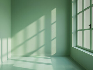 Fototapeta premium A room with a green wall and a window. The room is empty and has a lot of natural light coming in from the window