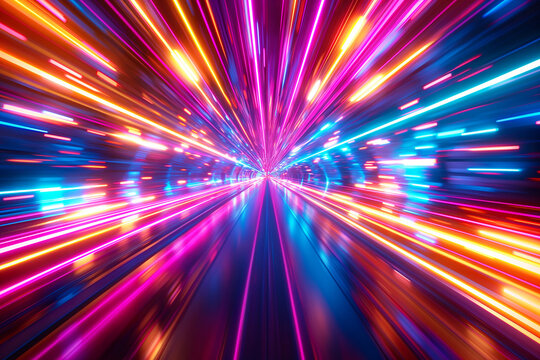 Futuristic abstract tunnel with neon glow lightspeed and dynamic colorful motion