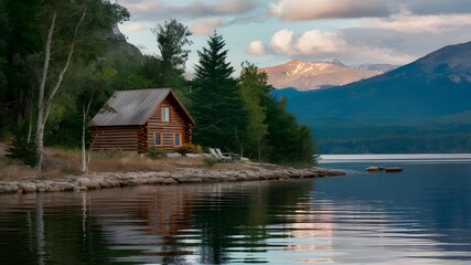 Panoramic view of a cozy wood cabin nestled on the edge of a pristine lake. The log cabin features a large stone chimney, a wooden deck and tall windows.