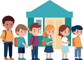 Full-Body Illustration of Children Lining Up to Enter School