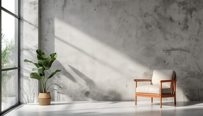 Minimalist room with a single chair, potted plant, and sunlight casting shadows.