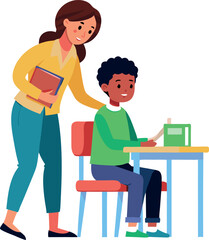 Teacher Helping Student Reading a Book in Classroom Setting