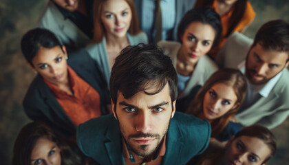 Fototapeta premium Top view of a focused man standing among a group of people looking up.
