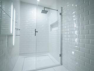 A white bathroom with a glass shower stall and a white brick wall. The shower stall is made of glass and has a metal handle