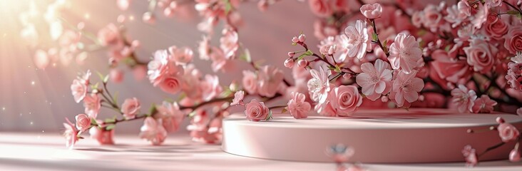 Pink Cherry Blossoms With White Platform in Soft Light