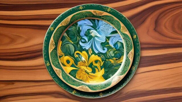 a wooden plate with a colorful and whimsical design, featuring a few decorative patterns and a glossy finish, Circling around. 