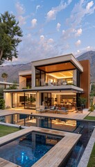 Obraz premium Contemporary cubic residence with white walls and wood details amidst mountain scenery
