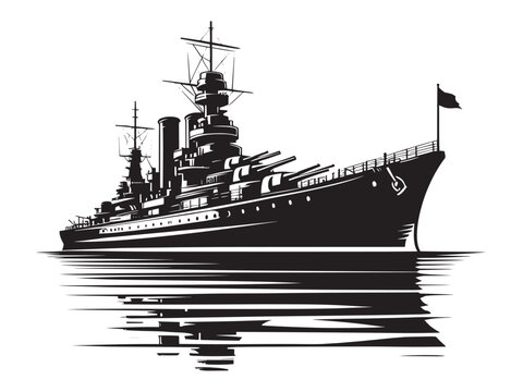 black battleship on water, monochrome style clip art preview