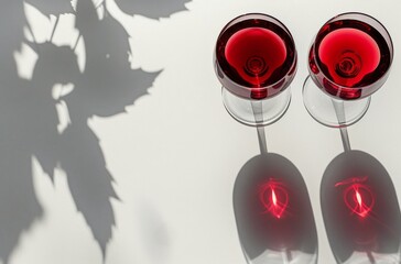 Two Glasses of Red Wine With Leaf Shadows on a White Surface