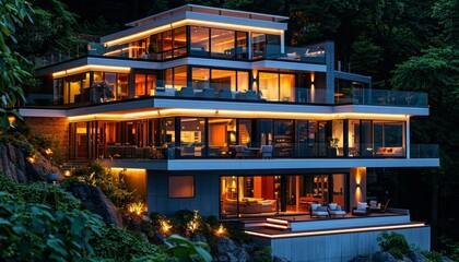 Stylish modern home with white facade set amidst a backdrop of vibrant green trees