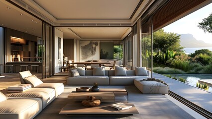 Fototapeta premium Wonderful Warm Camps Bay Living Room, Sunrise Seaside View, Virtual Meeting Background