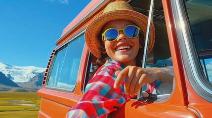 Naklejka premium Family on a Road Trip in a Vintage Camper Van through Picturesque Countryside