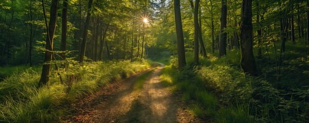 Serene Forest Path with Sunlight Filtering Through Trees, Perfect for Nature and Tranquil Walks, Background