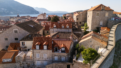 Aerial drone view of Dubrovnik old town city walls