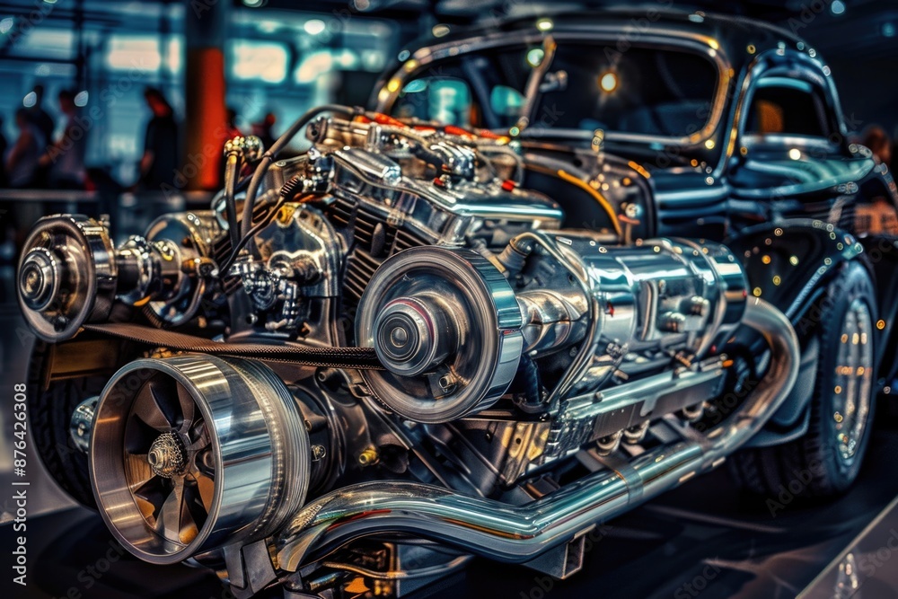 Poster a detailed view of a car engine's mechanical components
