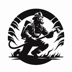 Fototapeta premium Firefighter in Action Logo Icon Silhouette in Vector Style on White Background