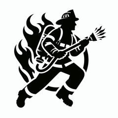Firefighter in Action Logo Icon Silhouette in Vector Style on White Background
