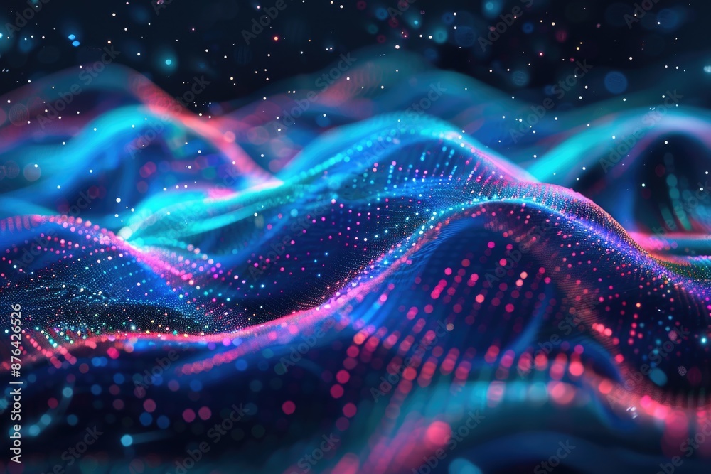 Poster A computer-generated image of undulating waves in shades of blue and pink