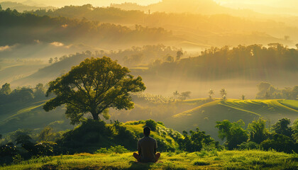 Person meditating on a hill with a tree overlooking a misty valley at sunrise creating a serene and reflective atmosphere