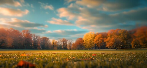 Fototapeta premium Blurred background of a bright late autumn meadow surrounded by picturesque autumn trees, blue sky and clouds on a bright sunny day. The ideal podium for any product. Card, banner, flyer, wallpaper. 