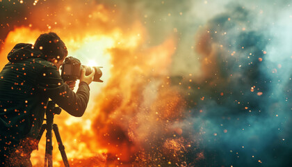 Photographer capturing images in a fiery and smoky environment creating a dramatic and intense scene