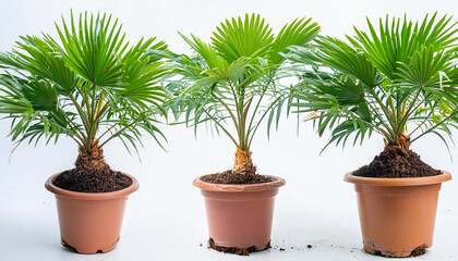 Obraz premium Three Potted Palm Plants on White Background