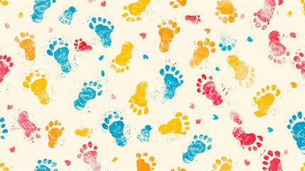 Colorful baby footprints seamless pattern repeating on light background
